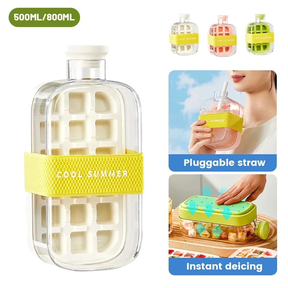 Vassoio per cubetti di ghiaccio con coperchio - Vassoio per ghiaccio NO SPILL per congelatore - Vassoio per cubetti di ghiaccio in silicone NO TOUCH per congelatore con cannuccia + stampo per fascette