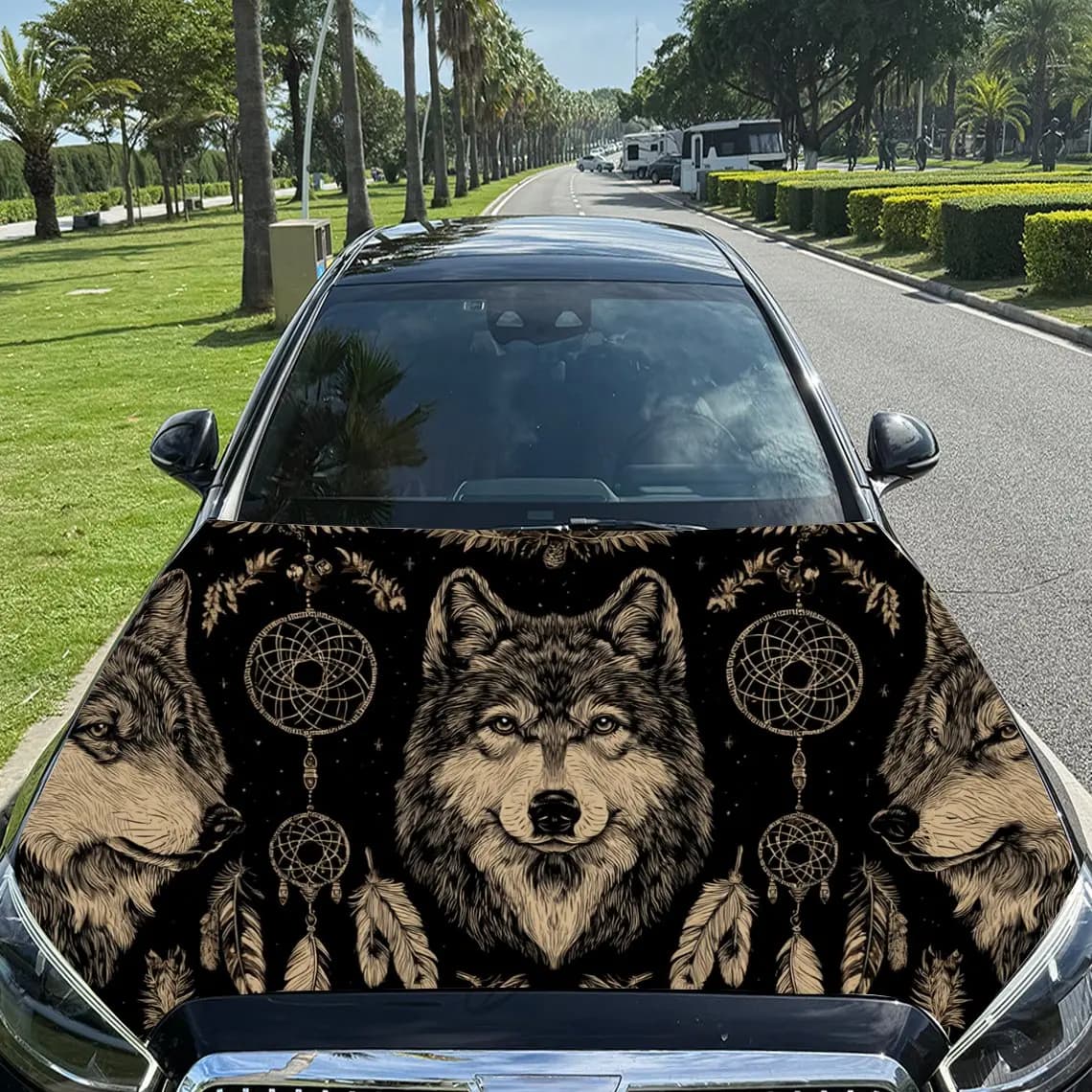 Car Decal Wolf with Dreamcatchers in Artistic Background & Tribal-Spiritual Visual Details Car Hood Sticker, Waterproof Self - A