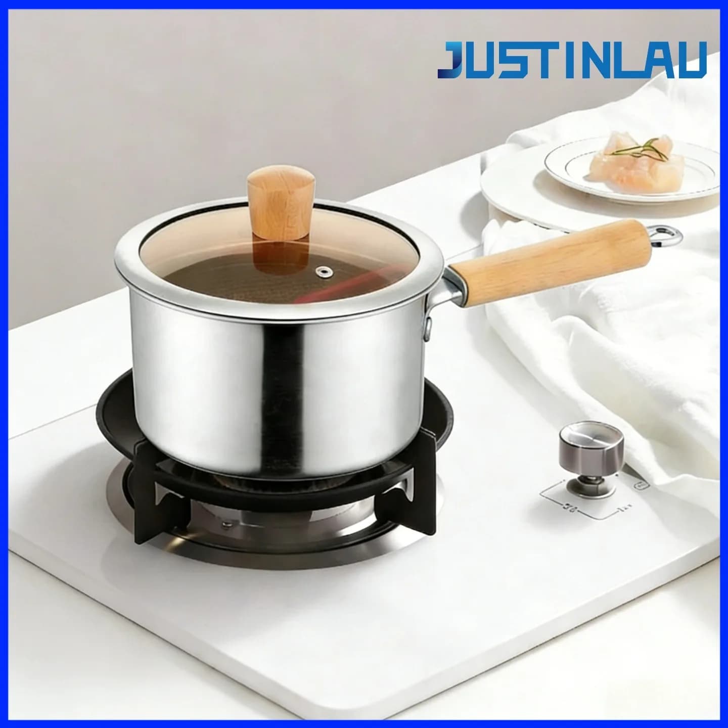 JUSTNLAU 18cm Multifunction Fryer Stainless Steel 304 with Wood Handle and Basket for Family Use and Camping