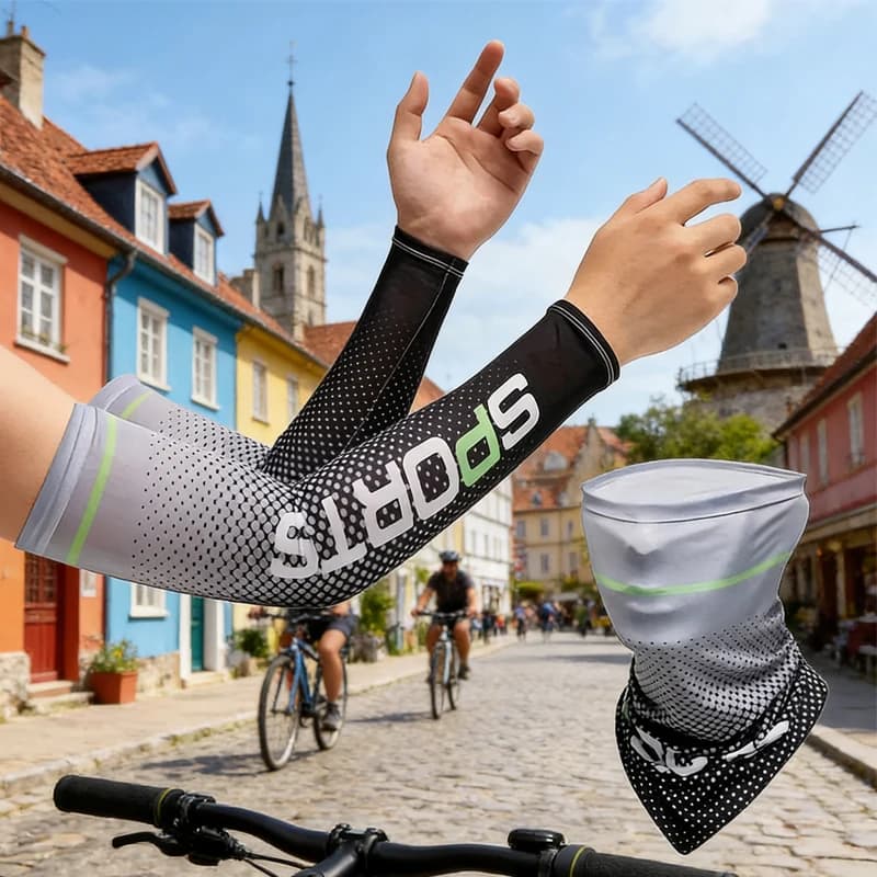 UV-resistant ice silk refreshing set - 1 pair of arms protective sleeves, 1 face mask, solar protection for racing, cycling, outdoor sports