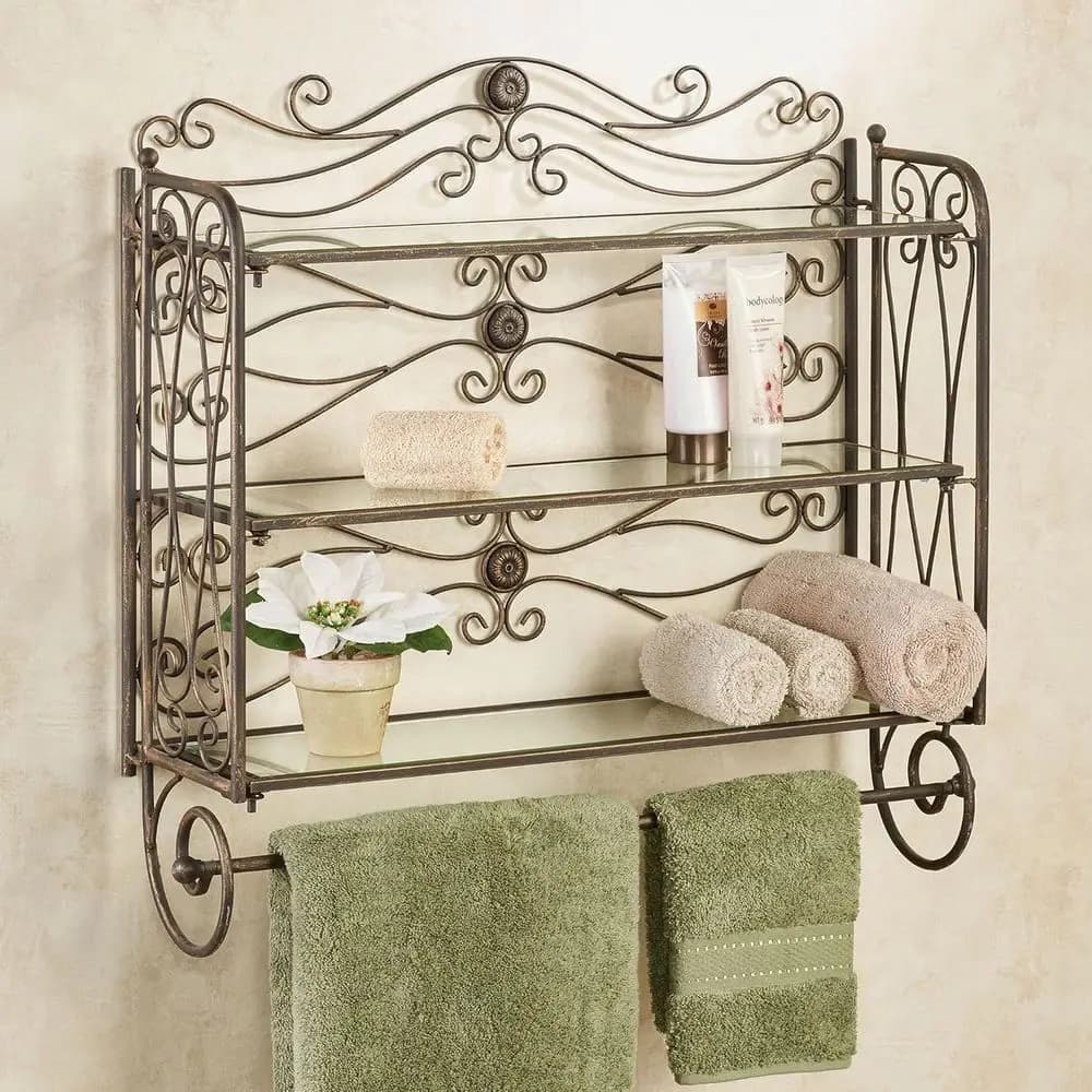 Mensola da bagno con portasciugamani Bronzo antico artigianale in metallo decorativo portaoggetti montato su rack 3 ripiani 2