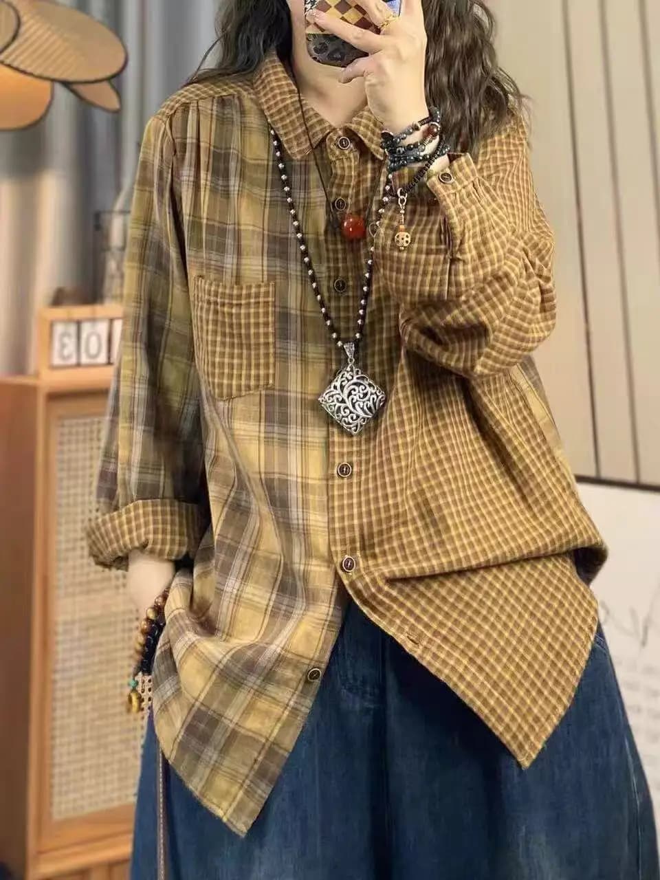 2026 Women’s Autumn Clothing Japan Fashion Cotton Yarn Women's Plaid Shirts Vintage Plaid Patchwork Long Sleeve Blouses