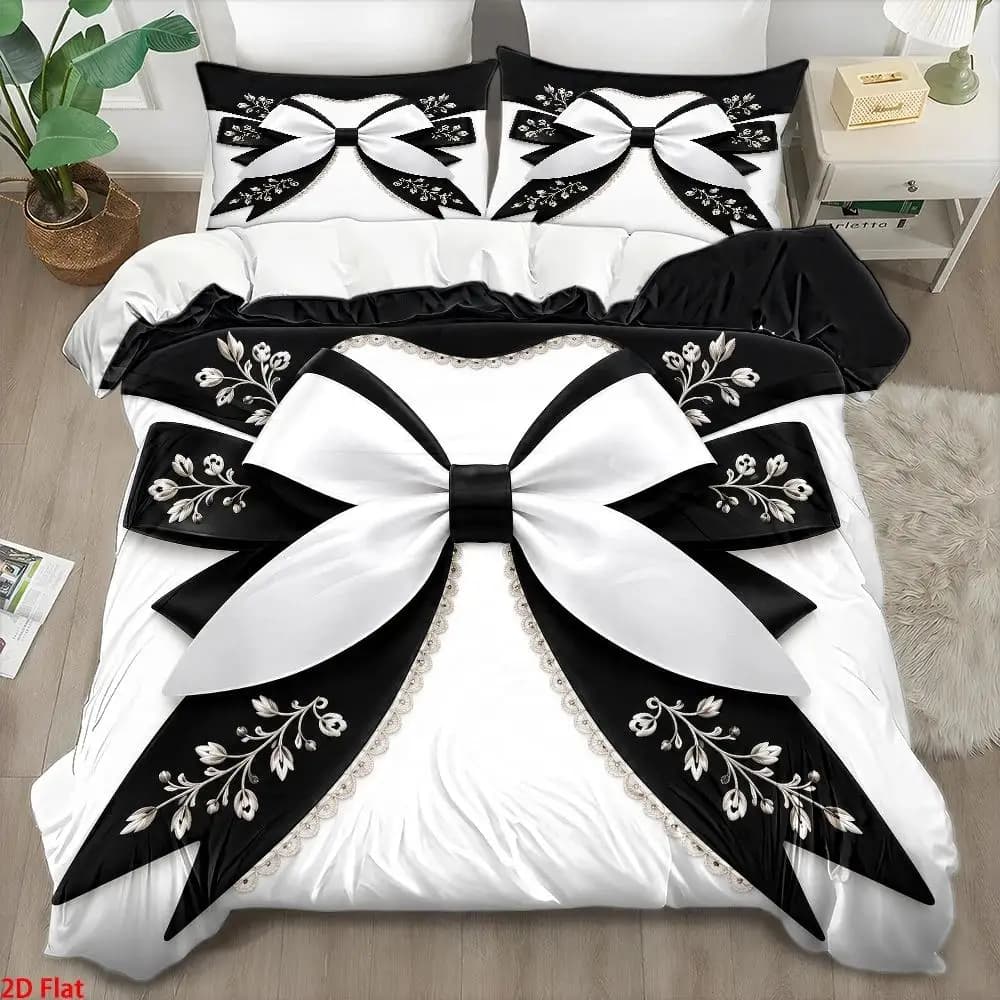 3Pc Light Luxury Style Black and White Bowknot Print Duvet Cover Set, 1*Duvet Cover + 2*Pillowcases, Modern Minimalist Personal Bedding Set, Skin-Friendly, Breathable, Machine Washable, Easy to Clean, Durable, Invisible Zipper, Wrinkle-Resistant, Suitable for All Seasons, Lace Embroidery Bedroom Decor Bedding, Suitable for Home Master Bedroom, Guest Room, Student Dormitory, Nordic Style 3Pcs Bedding Set Combination, Large Personal Bedspread, Quilt Cover, Quilted Duvet Cover 2D Flat