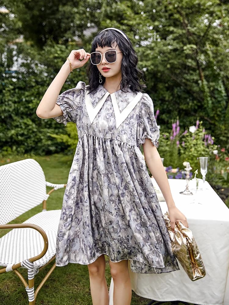 Abito Estivo Drappeggiato Effetto Snellente da Donna, Stile Tea Break, Gonna a Vita Alta a Trapezio, Stampa Floreale, Doppio Colletto, Stile Commuter, in Poliestere