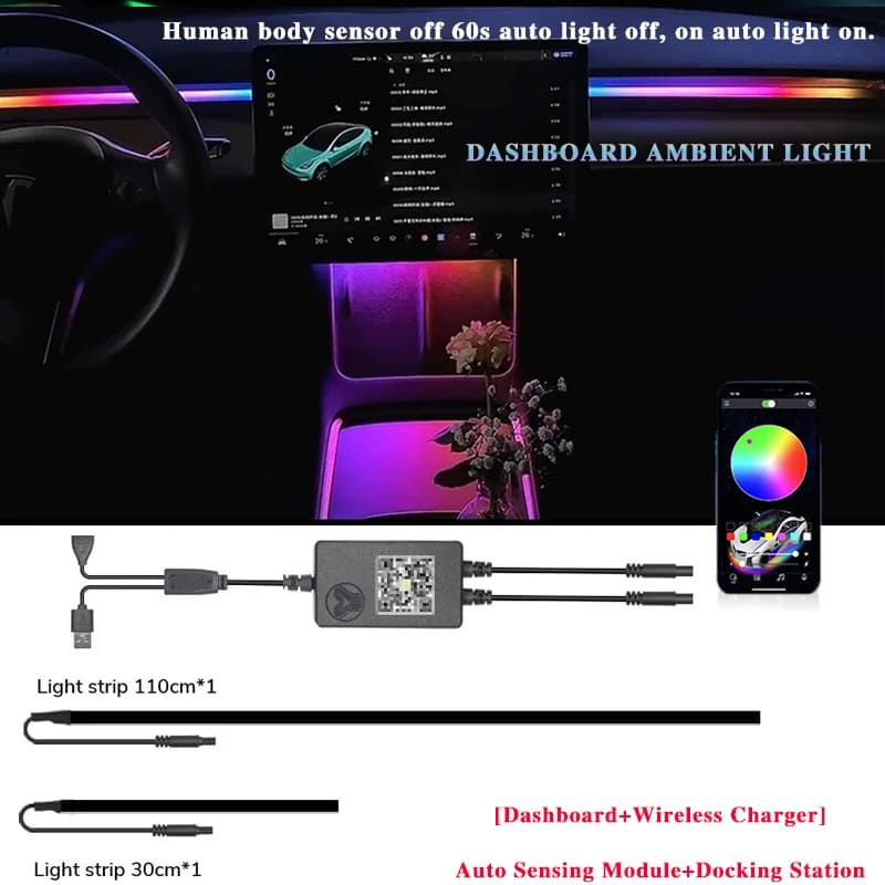Per Tesla Model 3 Y RGB Console centrale Cruscotto Ricarica wireless Neon LED Striscia luminosa Ritmo musicale Alimentazione USB Controllo APP