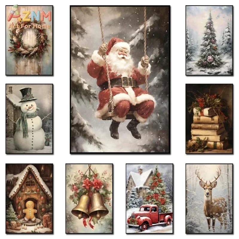 AZNM Vintage Oil Painting Christmas Diamond Wall Art Swing Santa Snowman Reindeer Red Truck Wreath Bell Winter Cabin Holiday H