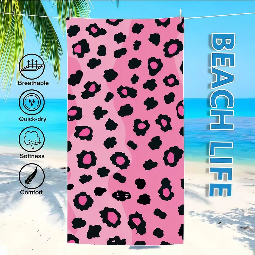 Beach Bathrobe with Fashion Printing, Fast Drying Light Fabric, Portable for Camping, Swimming, Travel, Pink Leopard