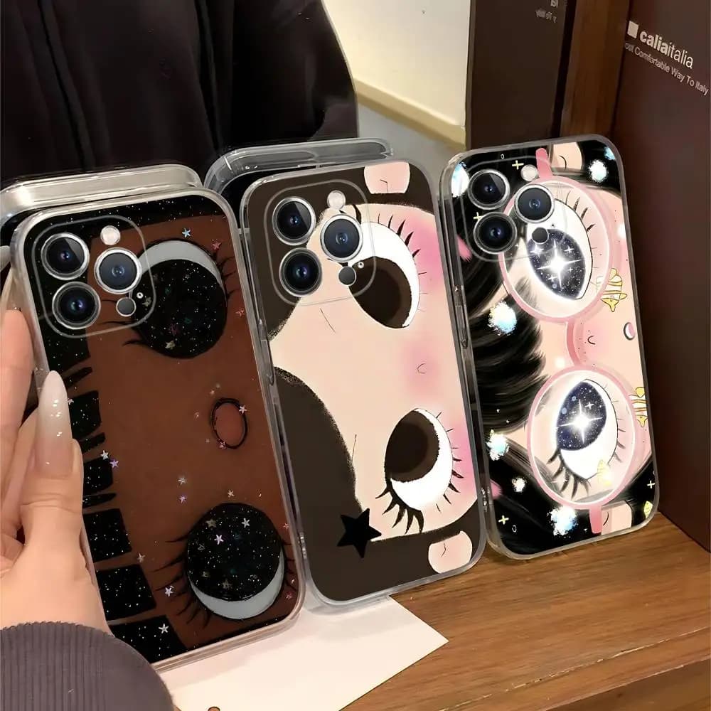 Cover per iPhone 17 16 Plus Pro Max 15 14 13 12 11 con occhi grandi neri, stile Kawaii, opaca e colorata