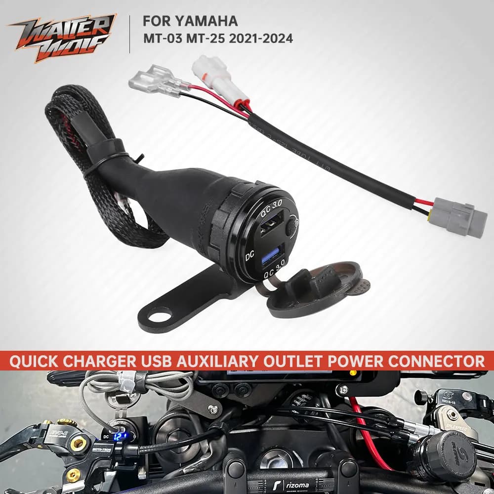 2024 MT-25 MT-03 Caricatore doppio USB 12V 3.0 Carica rapida per Yamaha MT03 MT25 2021-2023 Presa ausiliaria Connettore di alimentazione Spina