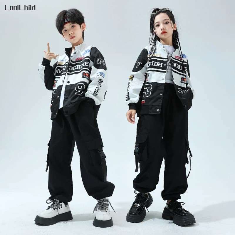 Ragazzi Hip Hop Giacca da motociclista Pantaloni cargo Ragazze K-pop Street Dance Cappotto a contrasto Bambini Set di vestiti jazz Bambini Streetwear