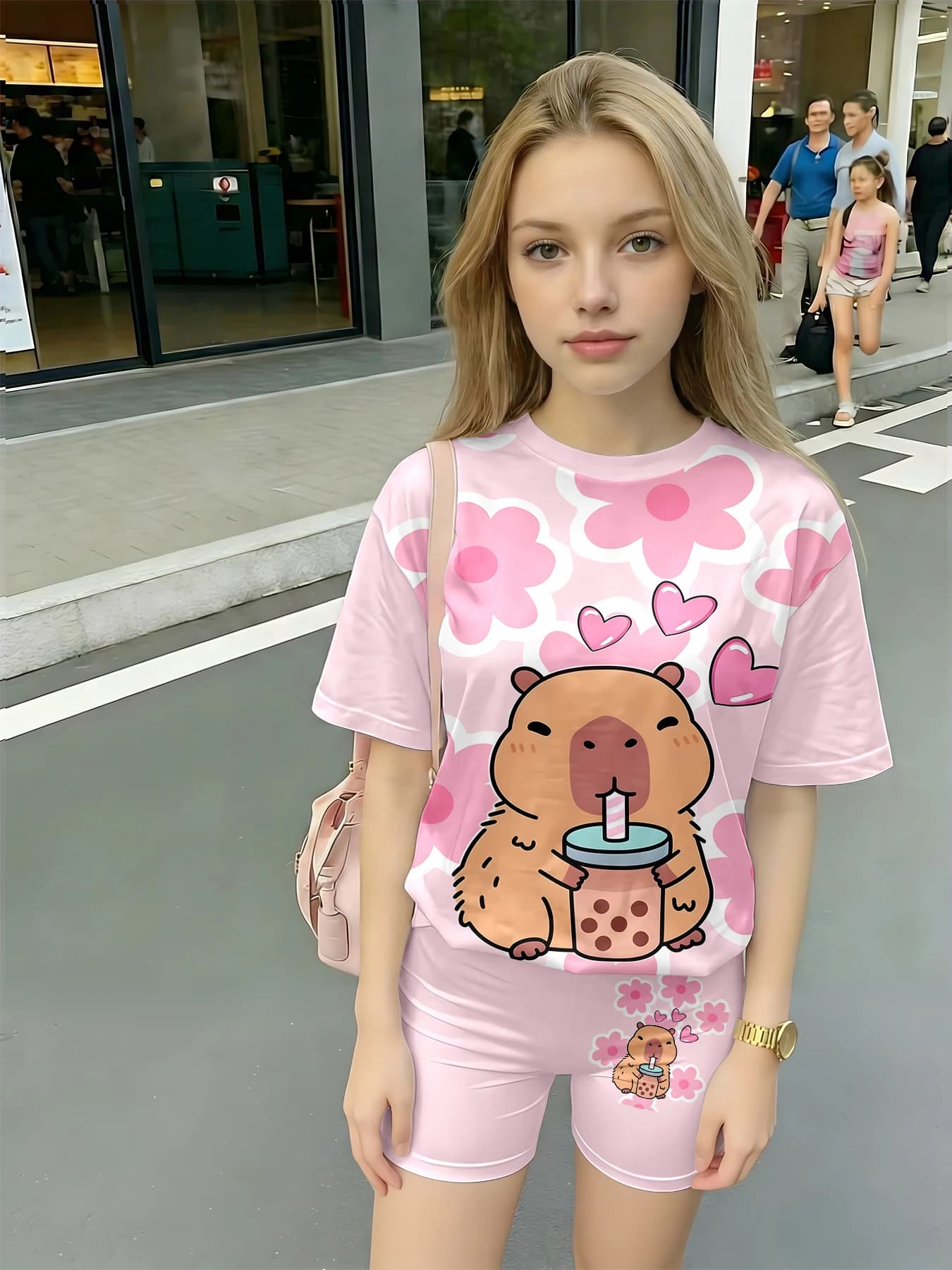 Kawaii Capybara Print Kids Pajama Set 2Pcs Girls Short Sleeve T-shirt Shorts Loungewear