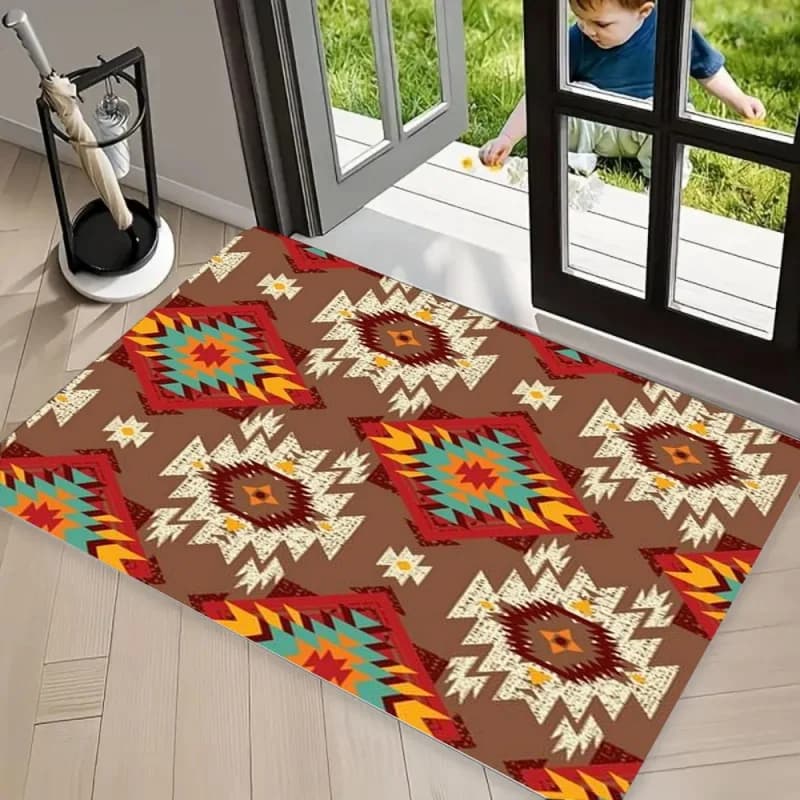 Boho Area Rug Carpet, Non Slip Floor Mat, Brown Tribal Print Washable Doormat, Anti-Skid Mat for Retro Ethnic Decor