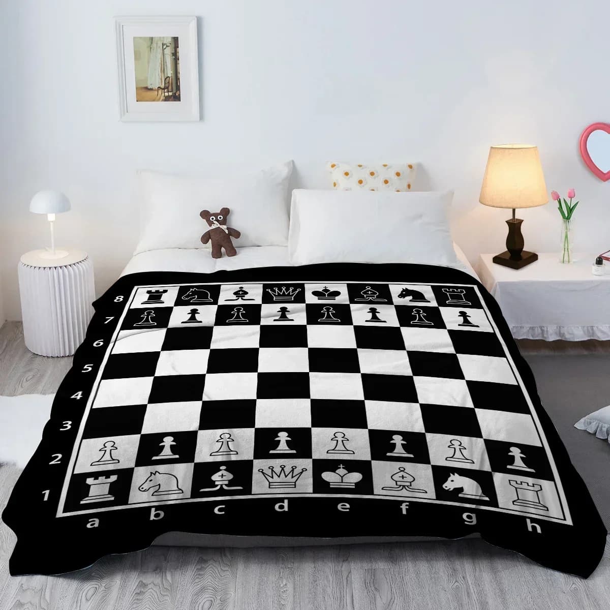 Coperta da tiro in pile di flanella per scacchiera, modello a quadretti, calda e leggera, per divano letto, in bianco e nero