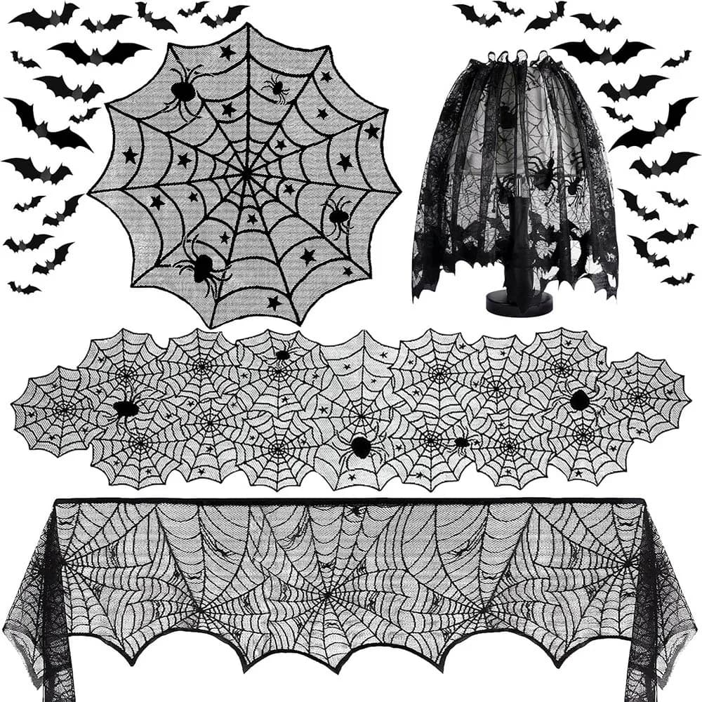 Indoor Halloween Decorations: black lace table runner, fireplace shelf scarf, round tablecloth, spider web lampshade with 3D wall sticker