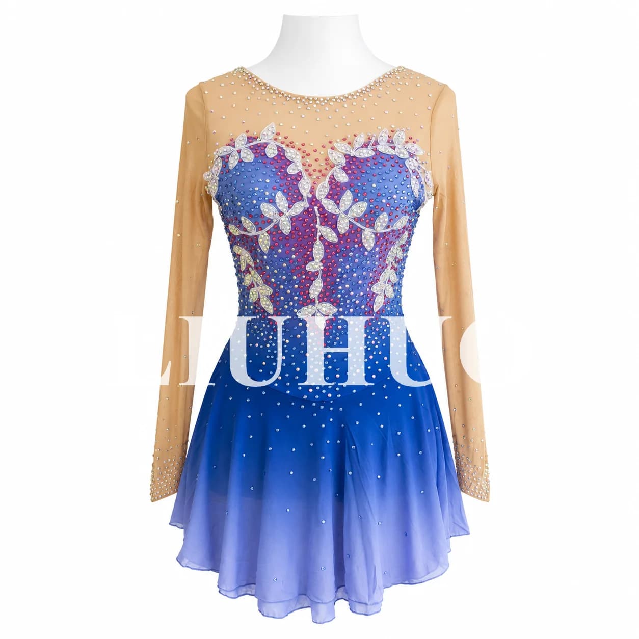 LIUHUO Ice Figure Skating Dress Girls Blue Mesh Long-Sleeved Competition Performance Training Clothes Children Adults JC976