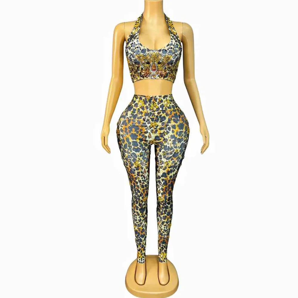 Leggings con top all'americana con stampa leopardata con strass scintillanti Set da 2 pezzi elasticizzati per feste di compleanno, spettacoli di danza, spettacoli teatrali