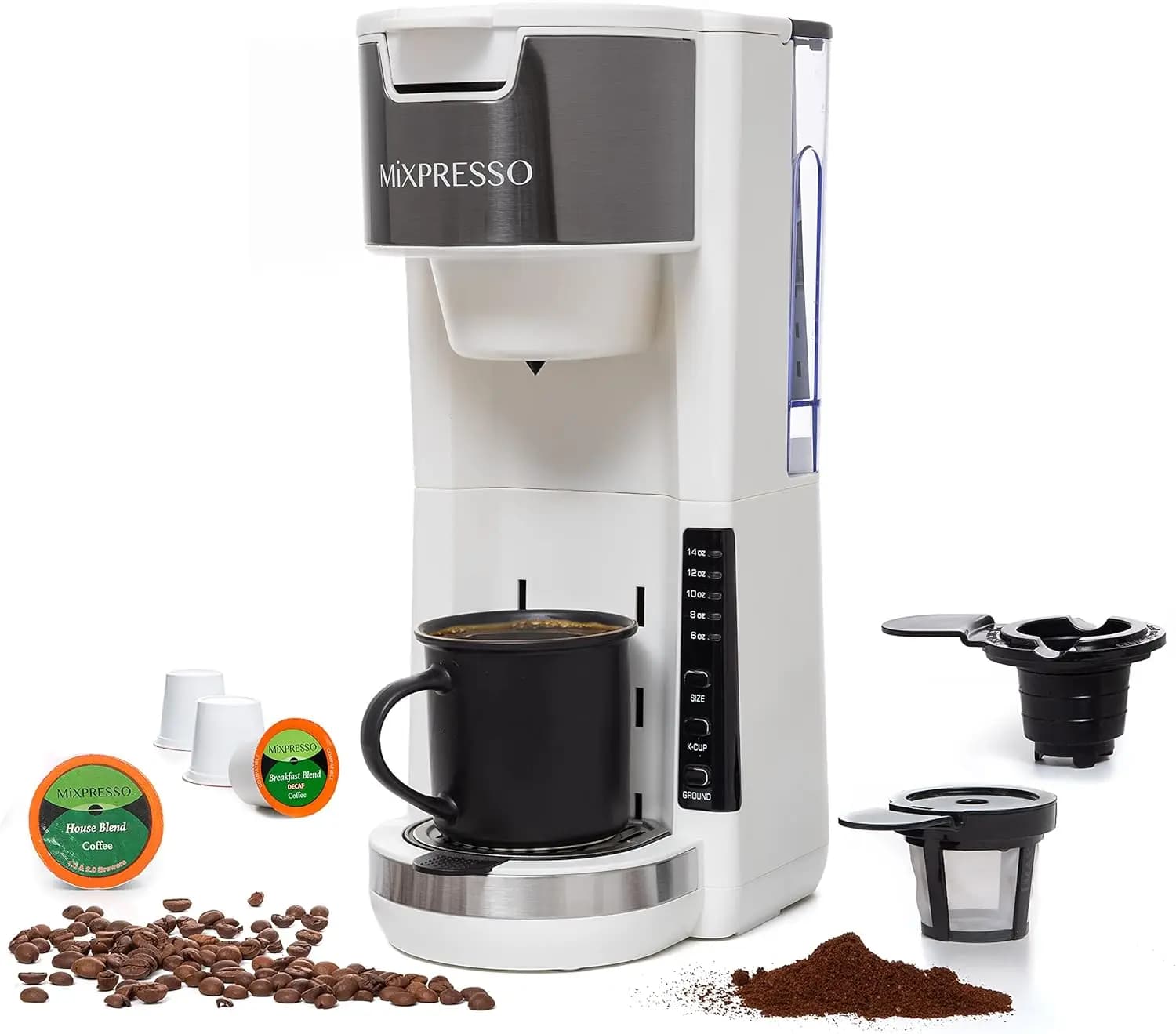Compact Single Serve Coffee Maker with 30oz Reservoir, Brews 5 Sizes Up to 14oz, Compatible with K-Cup Pods and Ground Coffee, F