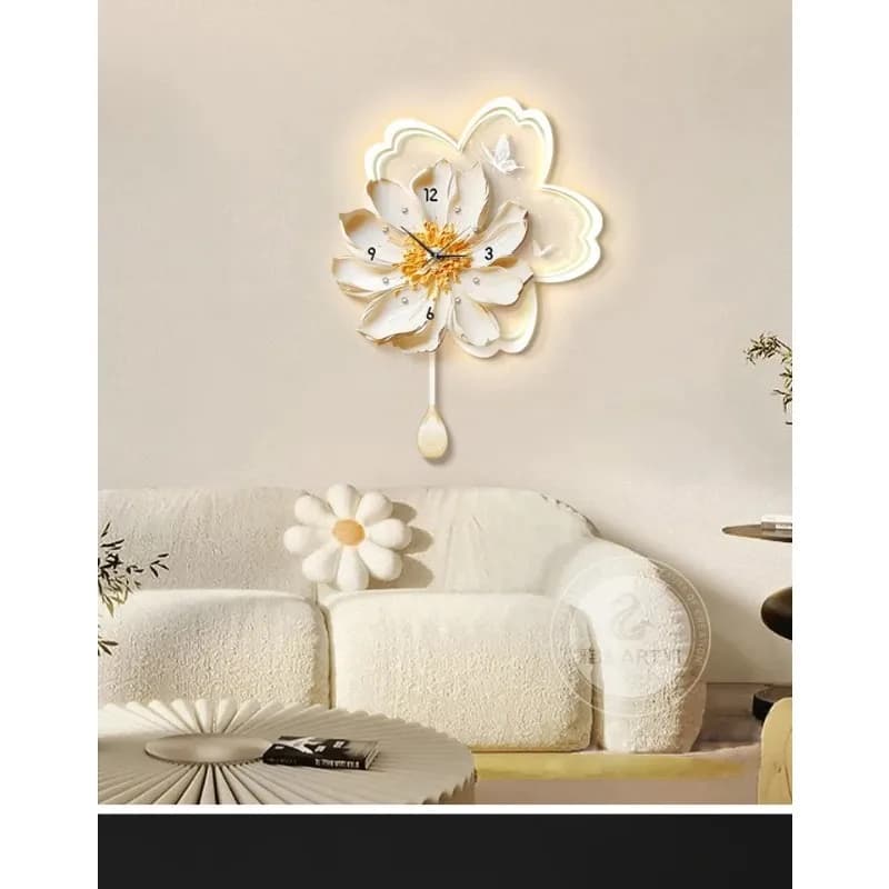 A Home Decor Cream Style Decorative Painting with LED Lights Wall Clock Living Room Decoration Premium Luminous Mural Wall Clock