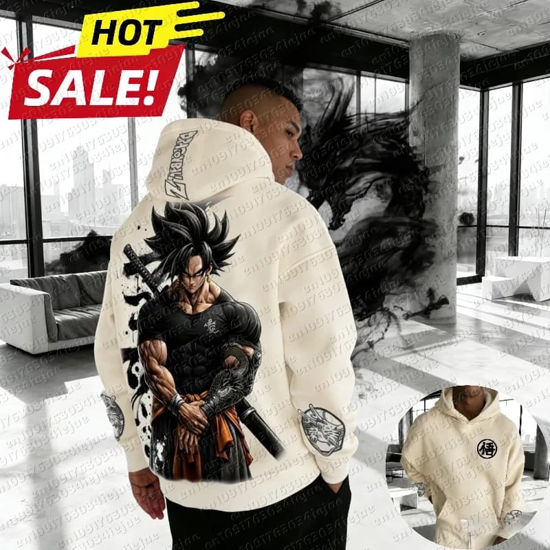 Felpa con Cappuccio Vintage in Cotone Dragon Ball Goku Saiyan Streetwear Harajuku 2026, Oversize per Uomo e Donna, Manica Lunga