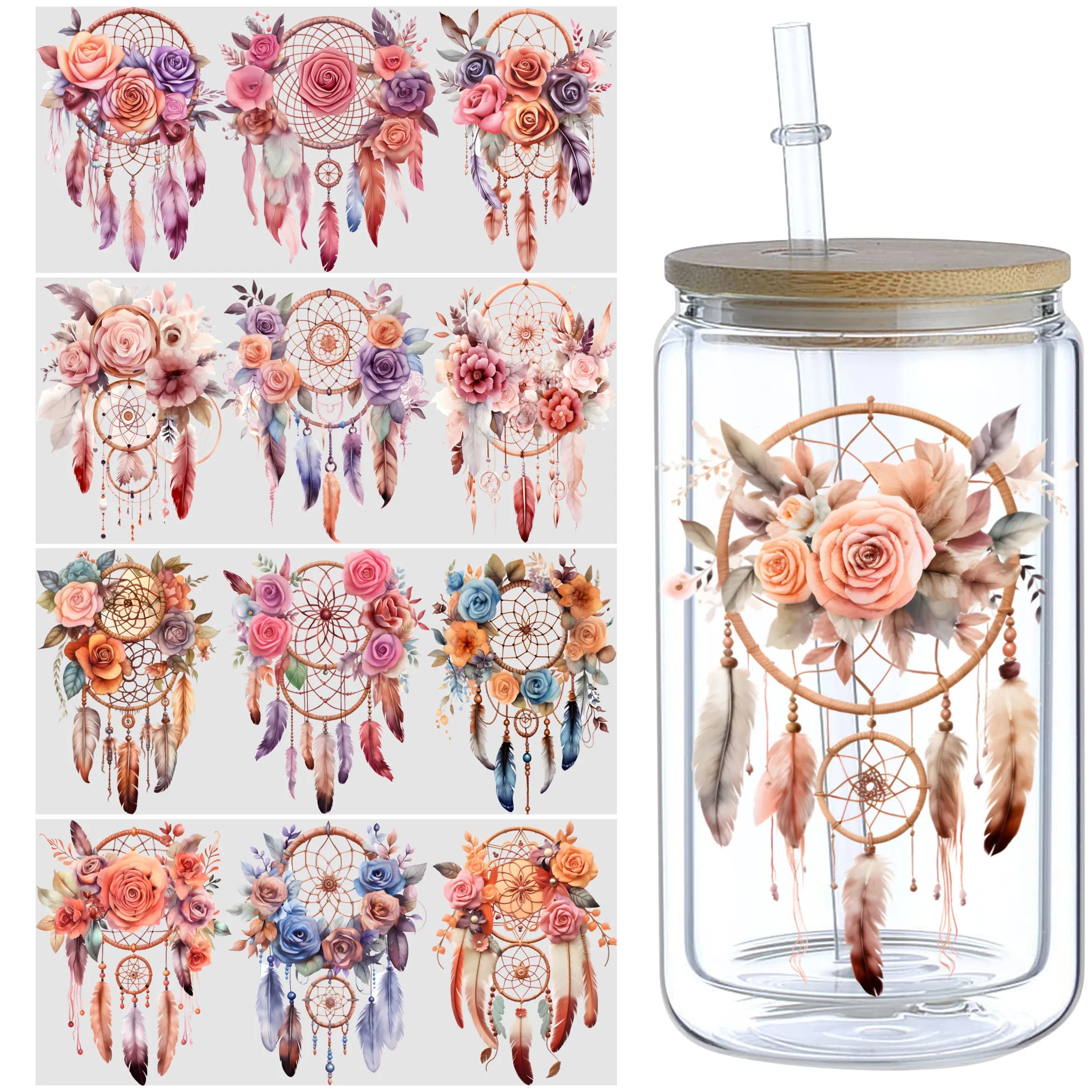 5 Sheets Dream Catcher UV DTF Cup Stickers 16 oz, DTF Friction Transfer Stickers, Waterproof Dream Catcher Stickers for DIY