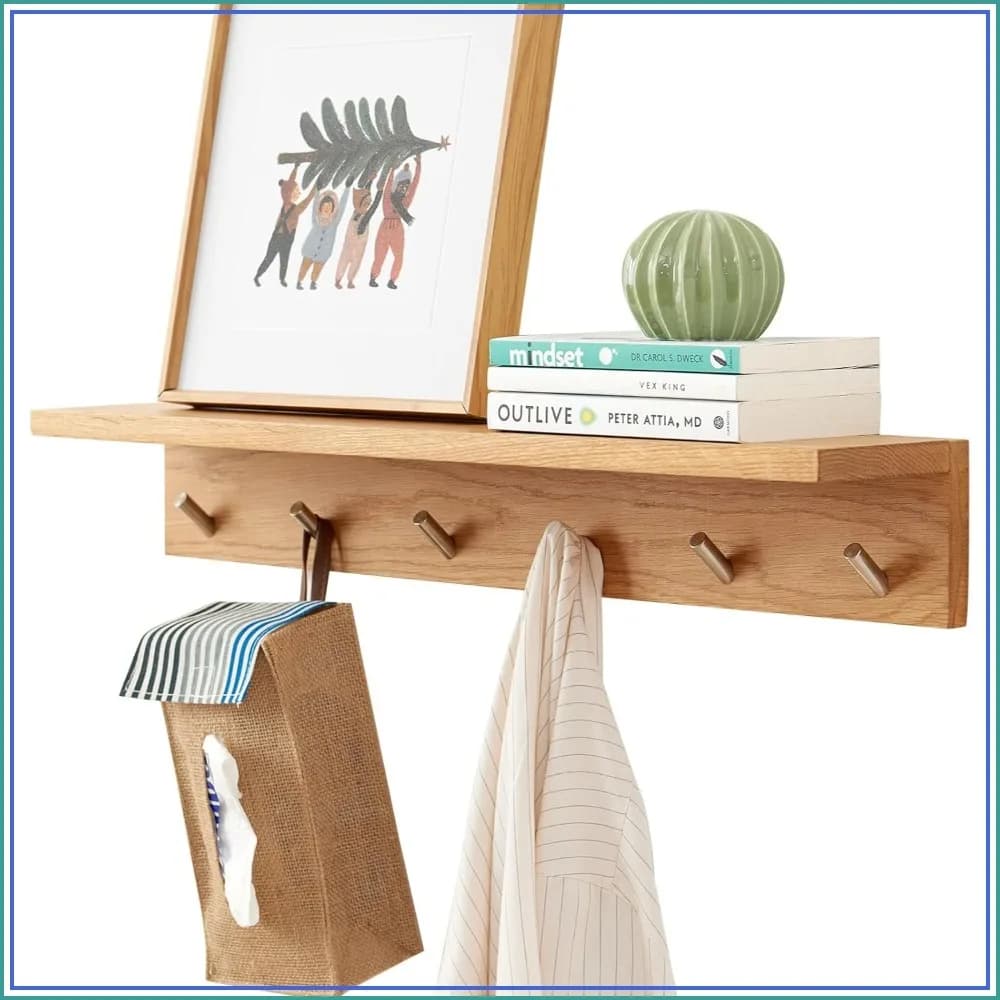 Wall Hooks with Shelf Oak Wood Coat Rack, 27.5 inch Entryway Shelves with 6 Metal Hangers for Clothes Hats Towel