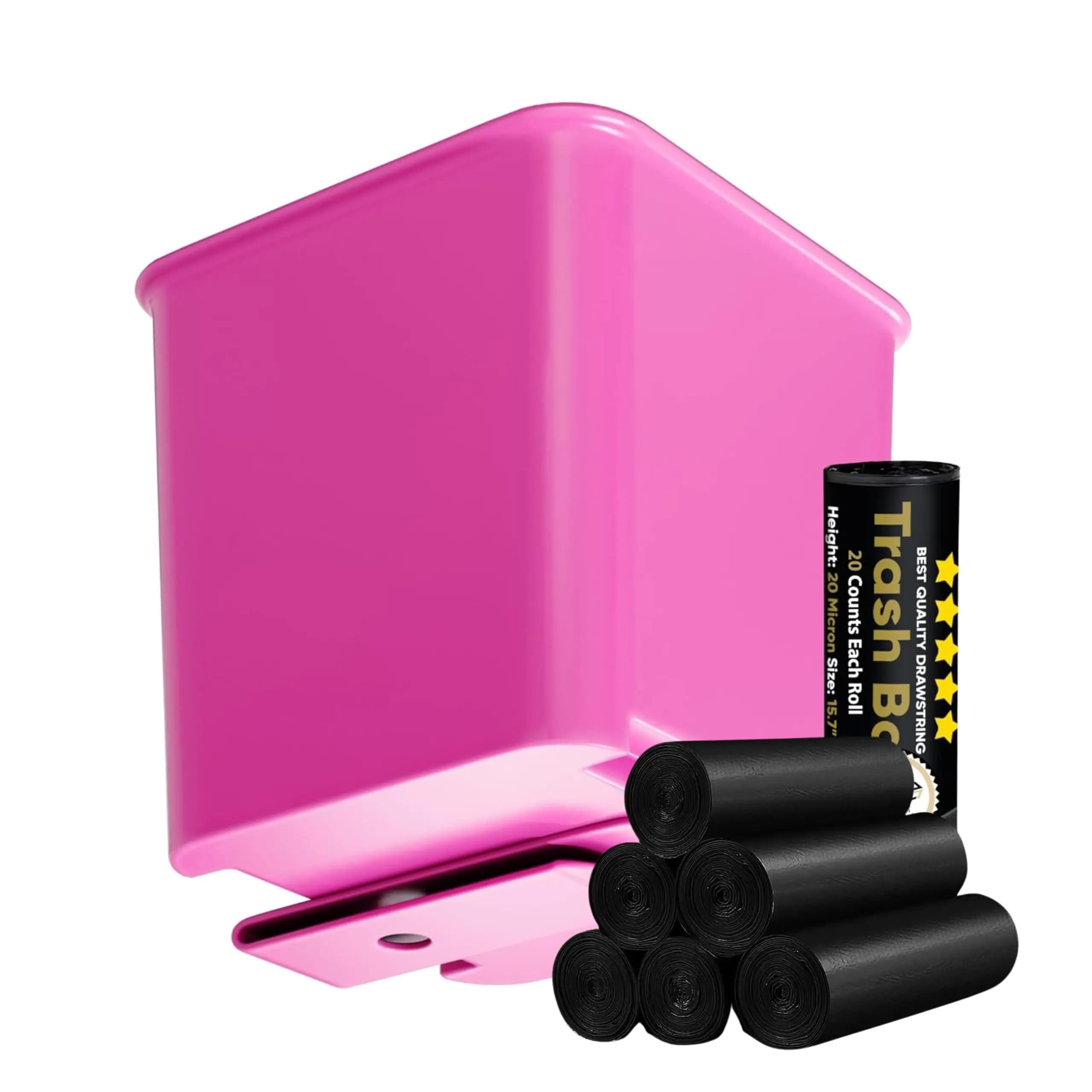 Pink Car Trash Can With Floor Mat Clip, Leakproof Portable Bin + 7 Rolls Black Trash Bags