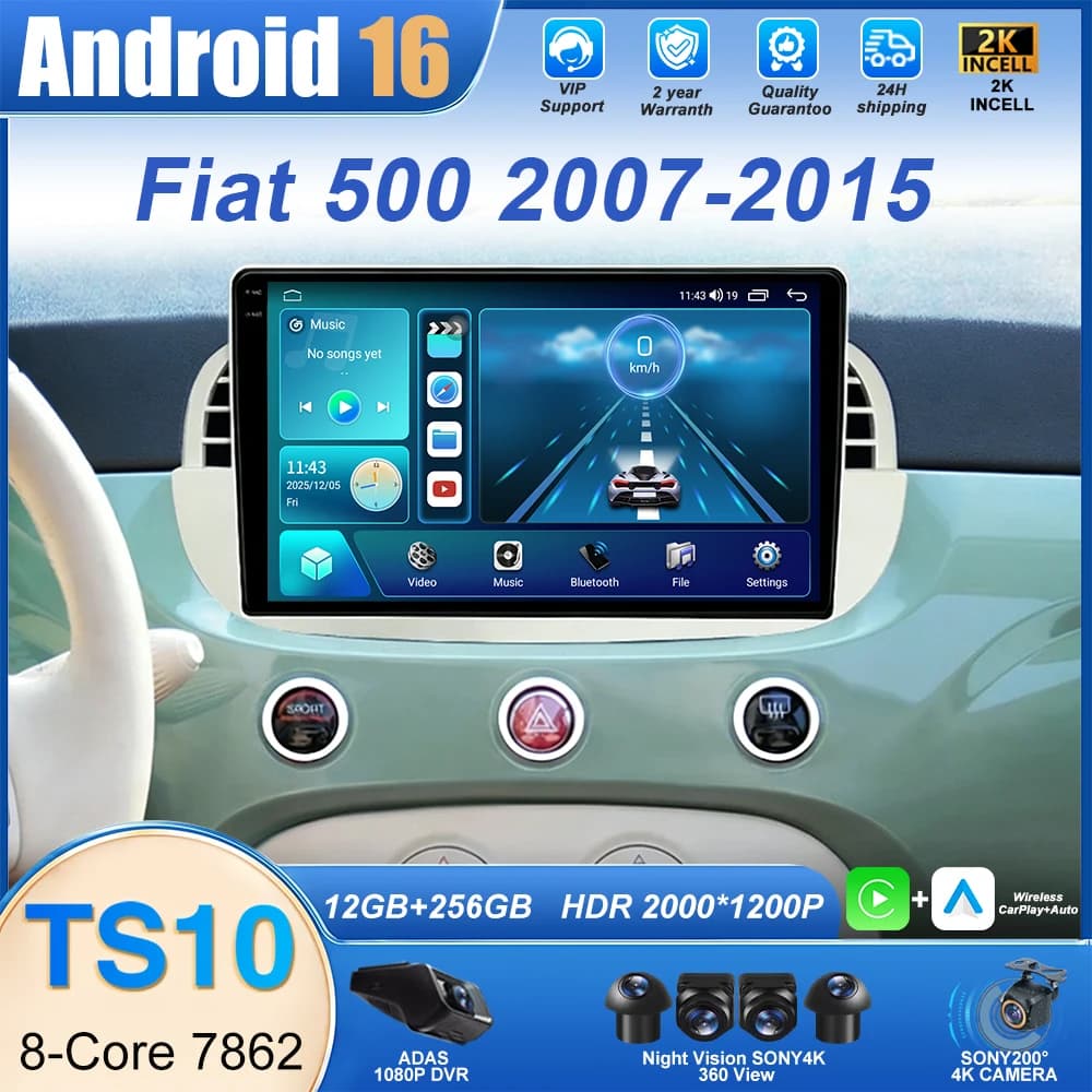 Autoradio Android 16 per Fiat 500 (2007-2015) - Lettore Multimediale GPS con CPU ad Alte Prestazioni e Wi-Fi