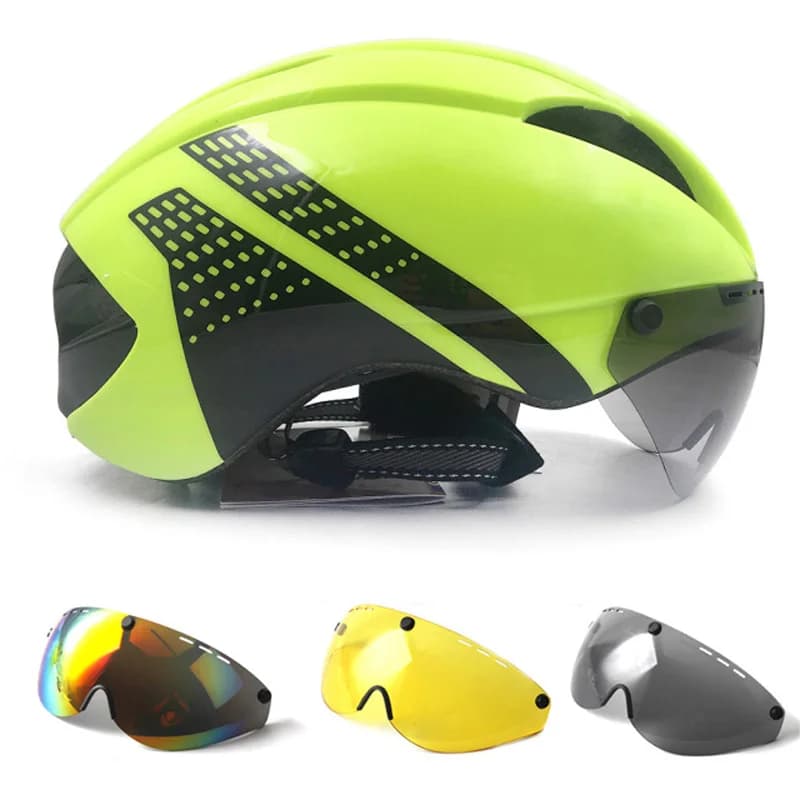 Helmet Aero TT Bicycle Helmets for Women Man Running Glasses Road Bike Helmet with Lenses Outdoor Cycling Safety Hoods