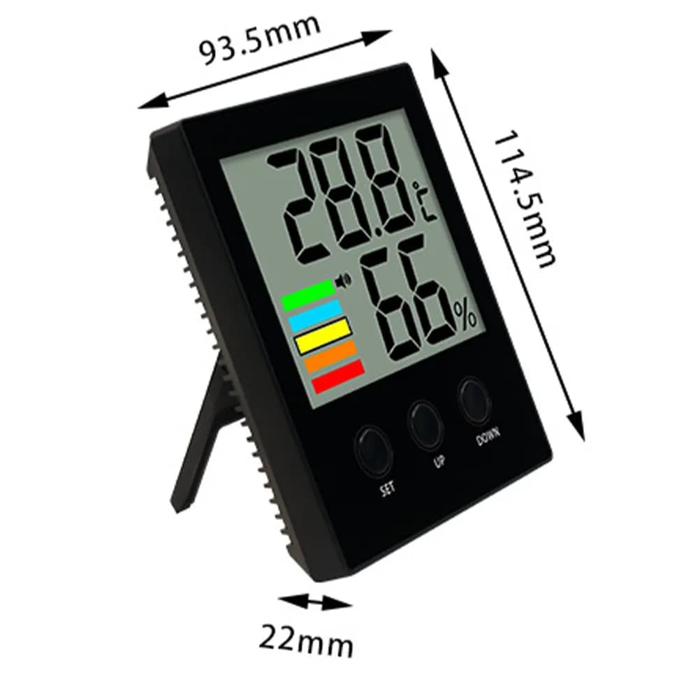 Digital Thermometer Hygrometer Black Indoor Temperature Humidity Alarm Monitor Large Viewing Angle LCD Screen Accurate Air Inlet