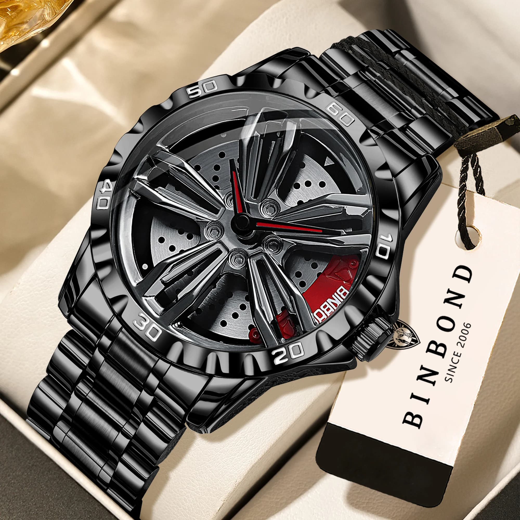 Orologi da polso meccanici di lusso BINBOND per uomo, luminosi, impermeabili, automatici, con quadrante scheletrato a forma di mozzo ruota.