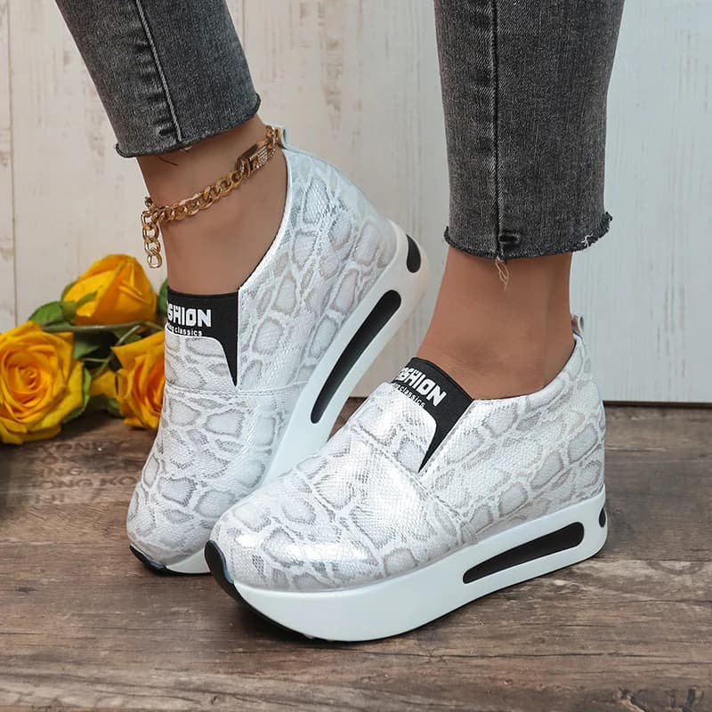 Women Metallic Snake Print Hidden Wedge Sneakers Slip‑on Platform Shoes Ladies Thick Sole Elevator Casual Loafers Big Size 35‑43