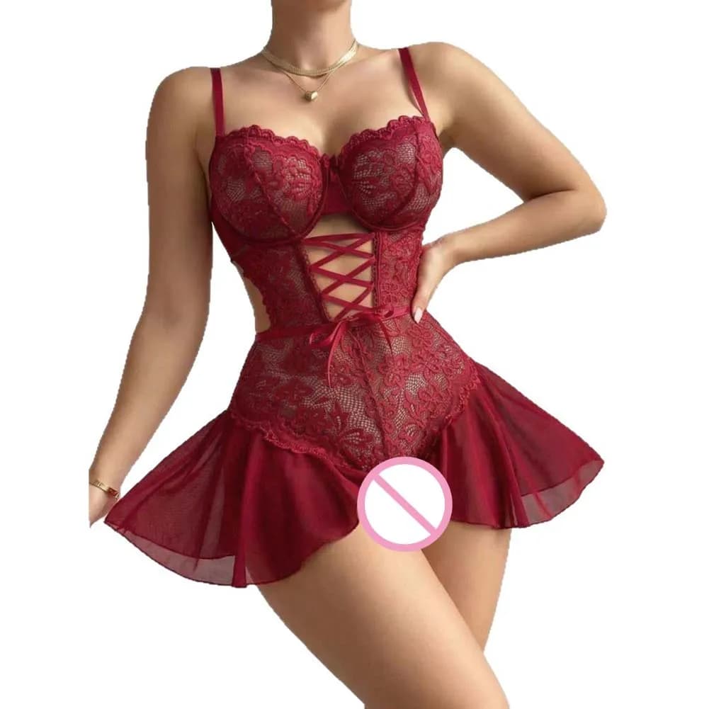 1pc Breathable Women's Sheer Lace Sling Nightgown Underwear Lingerie Ladies Sexy Open Crotch Night Dress Sleepwear