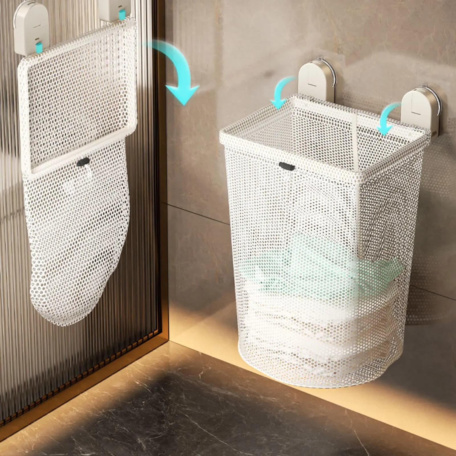 Dirty Clothes Hamper Wall Mounted Storage Bin Suction Cup Mesh Laundry Basket Bag for Home Bathroom Organization Space Shirts