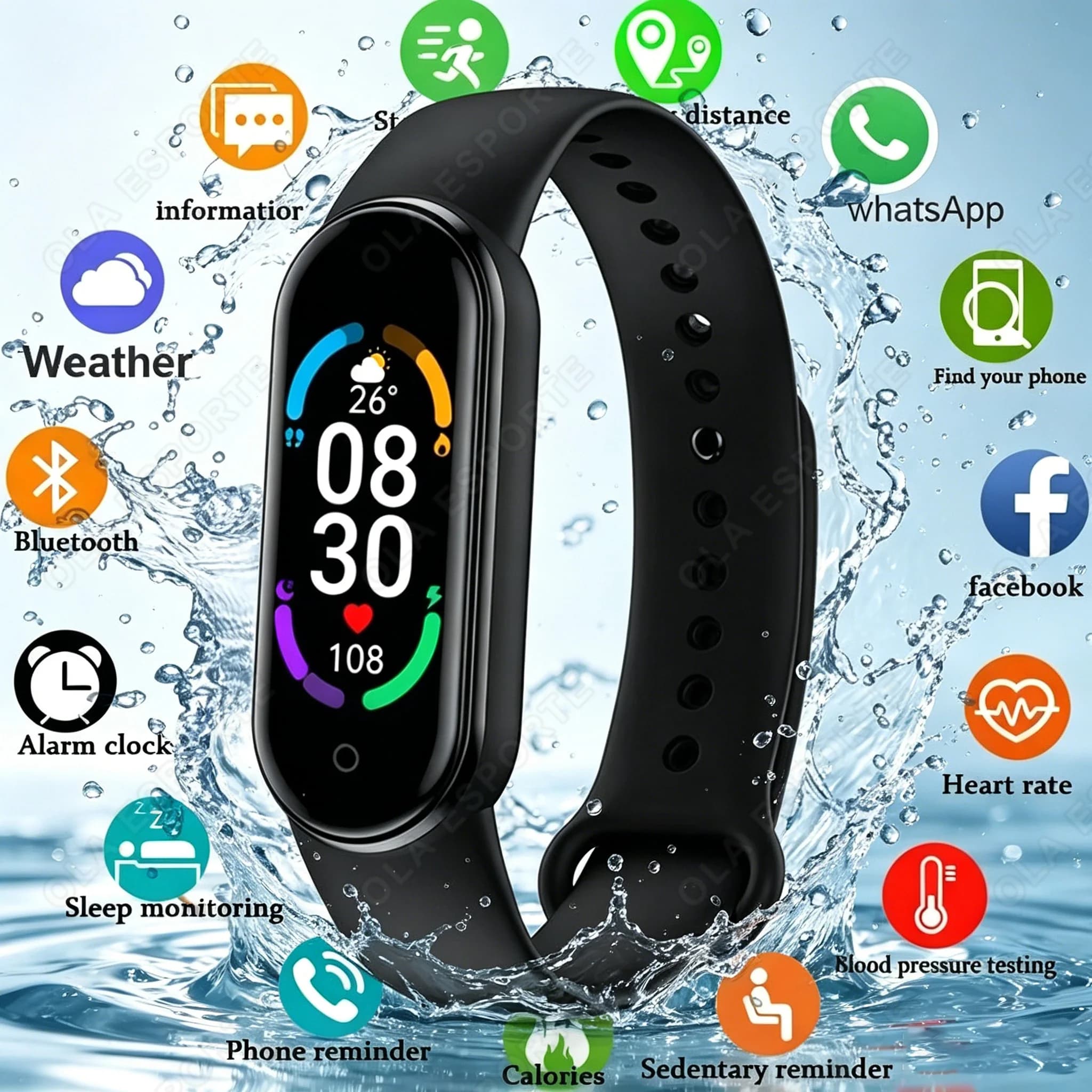 Smartwatch M6 per Uomo e Donna, Braccialetto Fitness, Monitoraggio Frequenza Cardiaca e Pressione Sanguigna, Impermeabile, Multifunzione