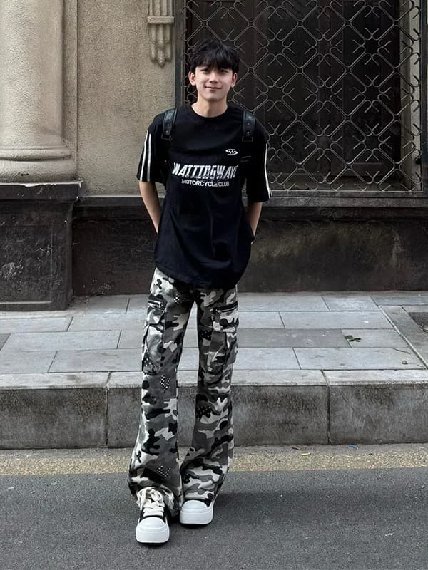 Camouflage Work Pants Men's American Retro Logging Straight Leg High Waist Long Trousers Cleanfit Flared Jeans Polyester Fiber