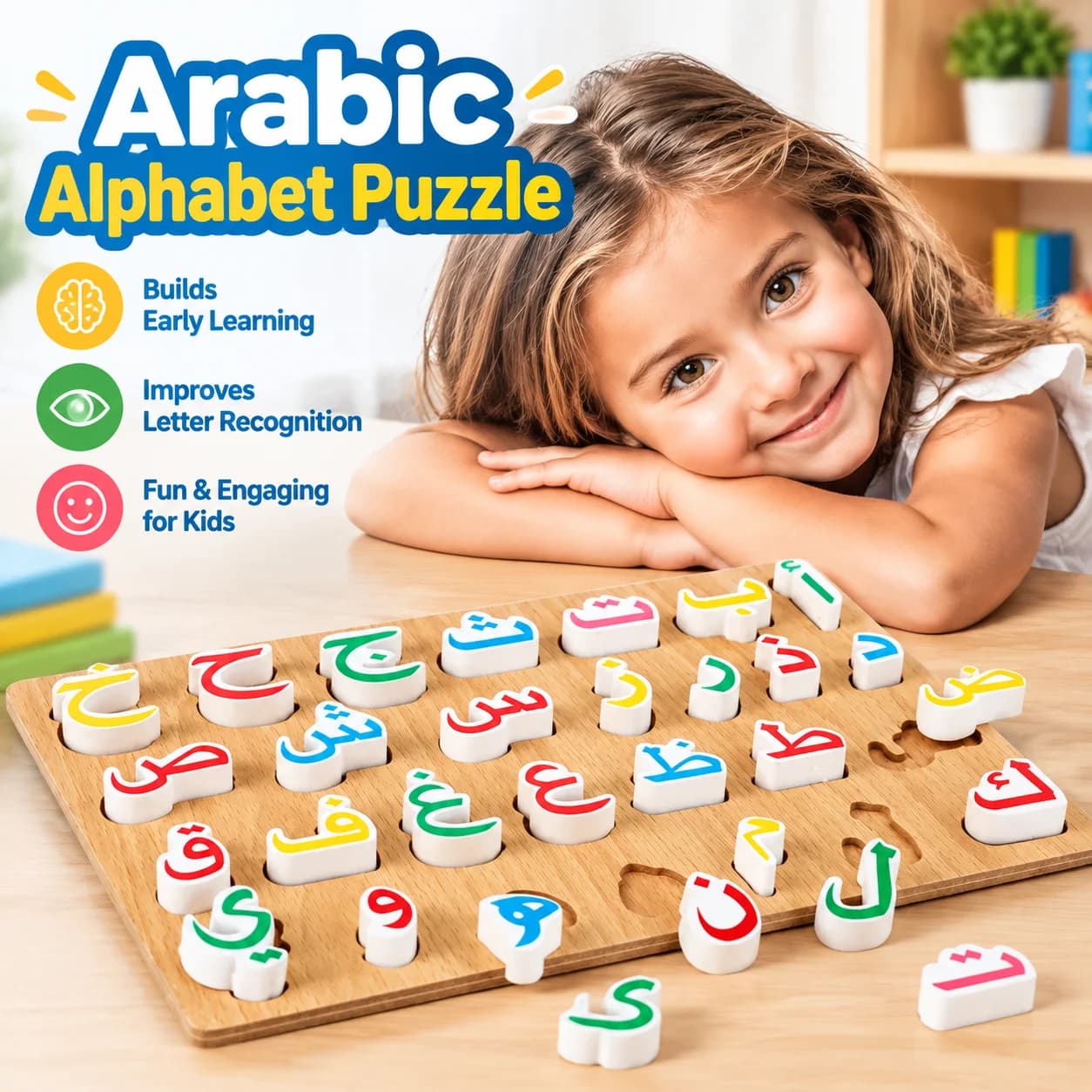 Arabic Alphabet Wooden Puzzle Board Preschool Learning Toy Early Educational Letter Cognition Matching Game for Kids