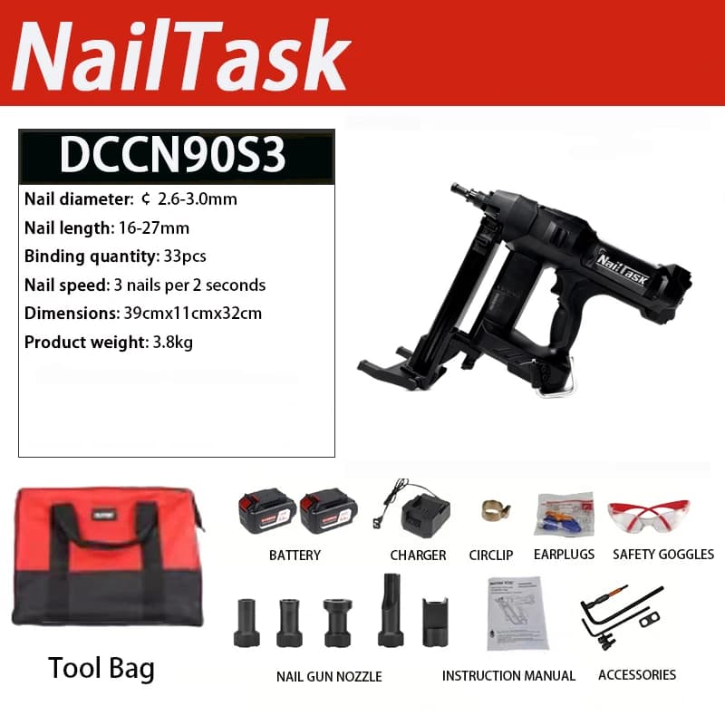 Nailtask-DCCN90S3 Chiodatrice a Gas per MEP, Carpenteria e Calcestruzzo | Chiodatrice a Batteria al Litio con 2 Batterie