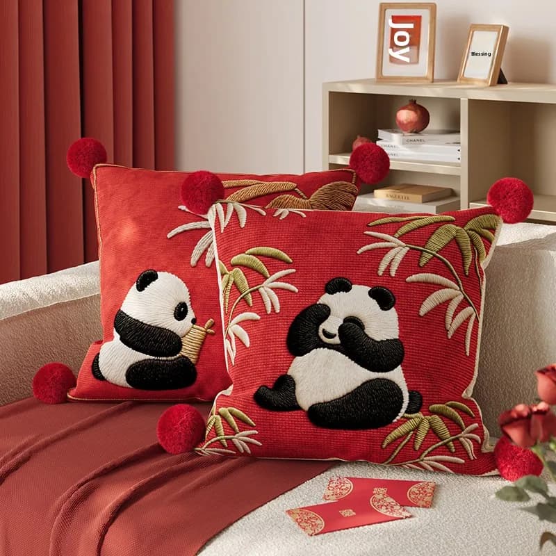Fodera per cuscino decorativa rossa con panda, per divano, schienale, cuscino lombare, testiera letto, decorazione di Capodanno, rimovibile e...