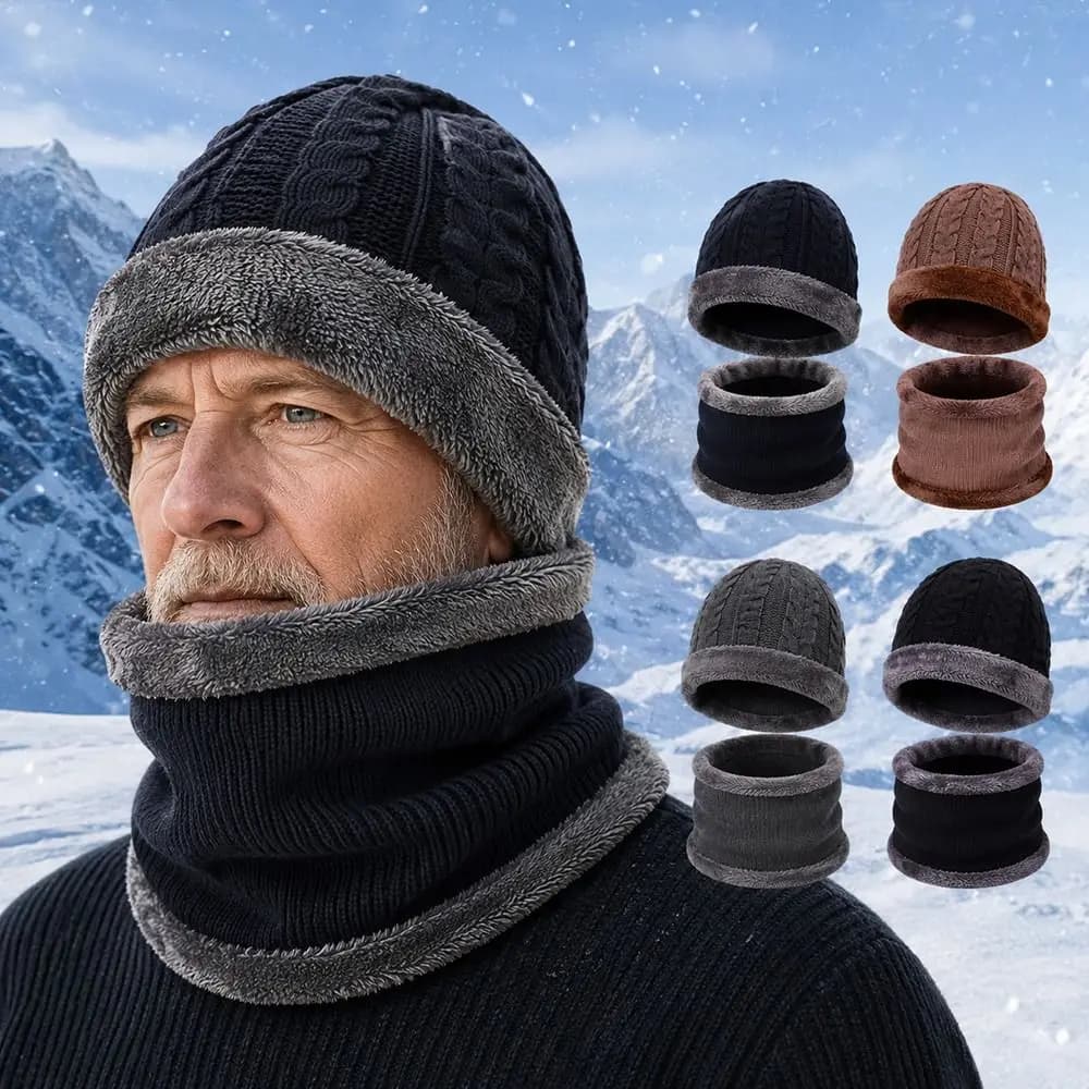 Lined Winter Beanie Hat Thick Warm Ear Coverage Knitted Cap Neck Warmer Scarf Geometric Pattern Winter Knit Cap Outdoor Wear