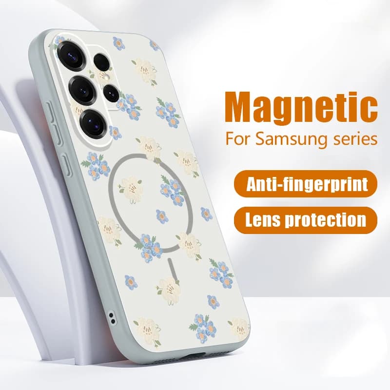 Blue flower case for Samsung Galaxy S26 Ultra S25 Edge S24 Plus S23 FE S22 A54 A55 A56 5G, magnetic for Magsafe