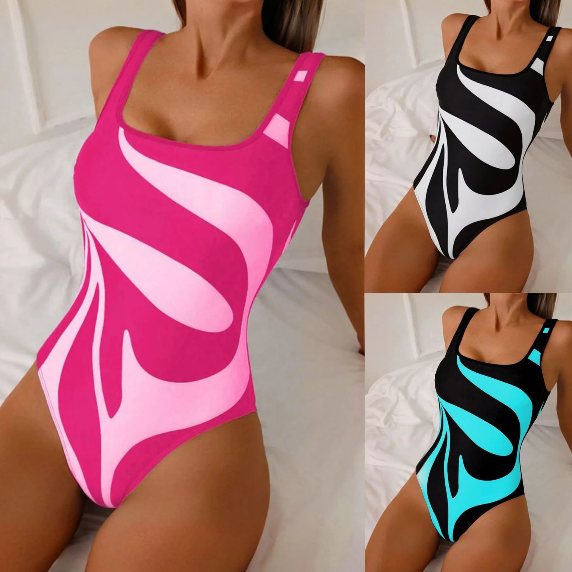 Tankini da donna con stampa astratta, bikini a taglio alto, costume da bagno con scollo quadrato, costume da bagno rosa e bianco, tankini Y2k da donna