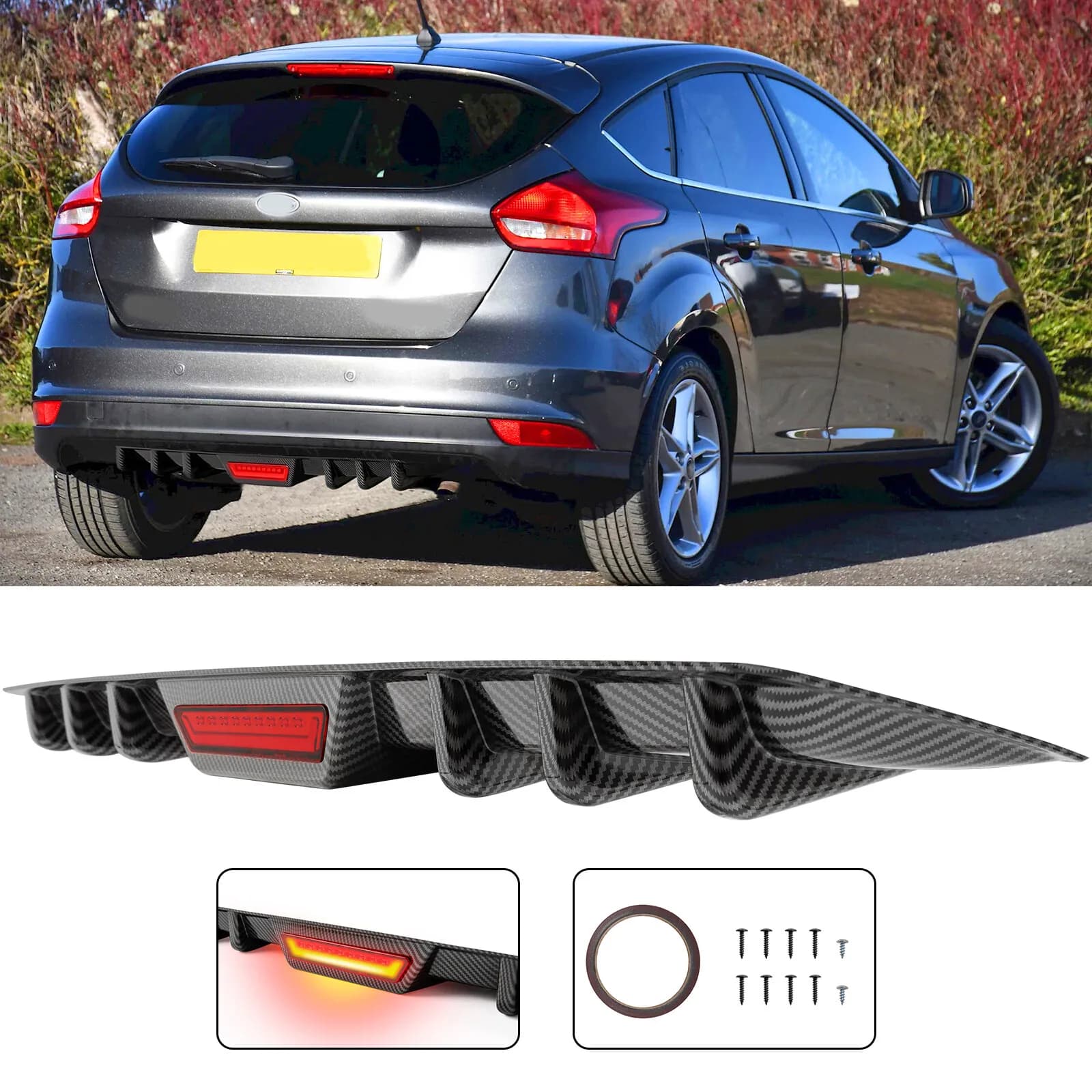 Diffusore Posteriore per Ford Focus con Luce Freno LED in Fibra di Carbonio