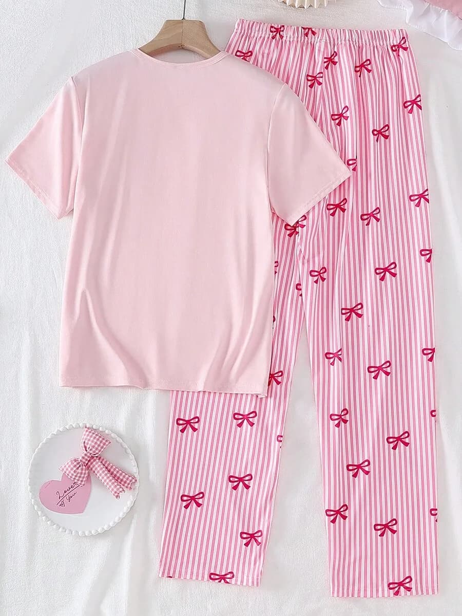 Womens Pink Bow Print Round Neck Short Sleeve Pajama Set With Striped Pants