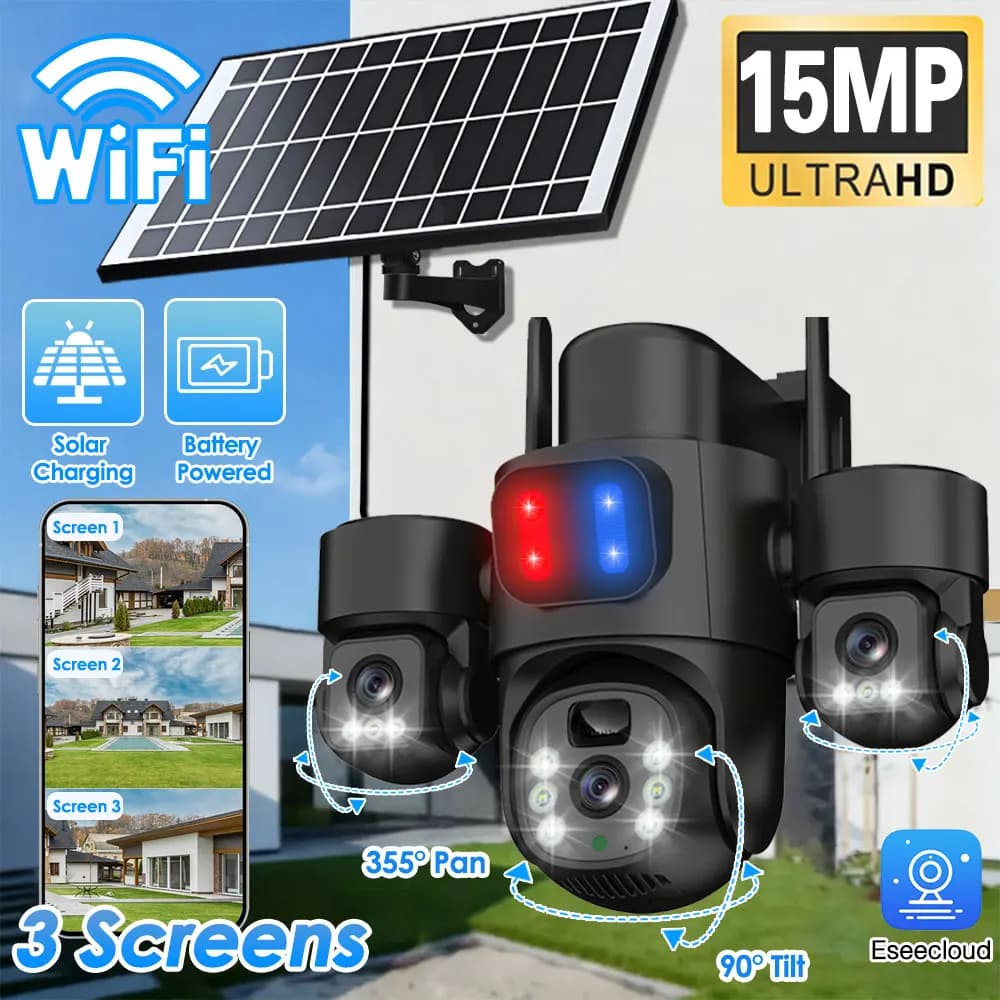 Telecamera PTZ solare WIFI Telecamera esterna 15MP Tre lenti Telecamera di sorveglianza di sicurezza a tre schermi Rilevazione PIR 360 CCTV solare EseeCloud