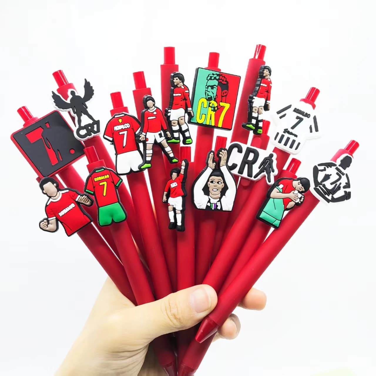 Penna da calcio serie rossa da 15/20 pezzi, penna a sfera a forma di fan CR7, penna regalo per calcio d'amore, stile casuale
