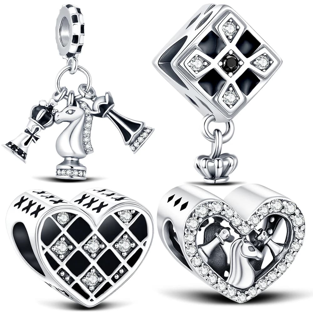 Nuovo Charm in Argento Sterling 925 a Forma di Scacchi, Charm con Perline per Creazione di Gioielli, Bracciale Originale, Gioielli da Donna alla Moda, Regali per le Festività