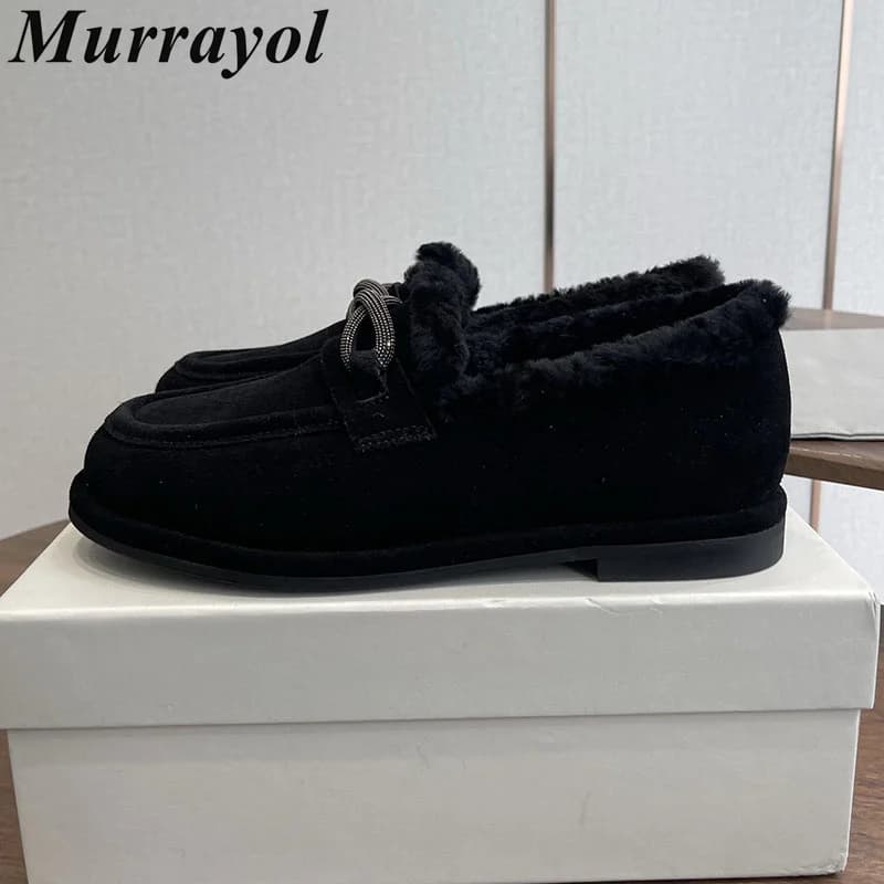 Lazy Loafers Round Toe Deep Mouth Flat Shoes Women Suede String Bead Decor Autumn Winter Office Commuting Shoes Zapatos De Mujer