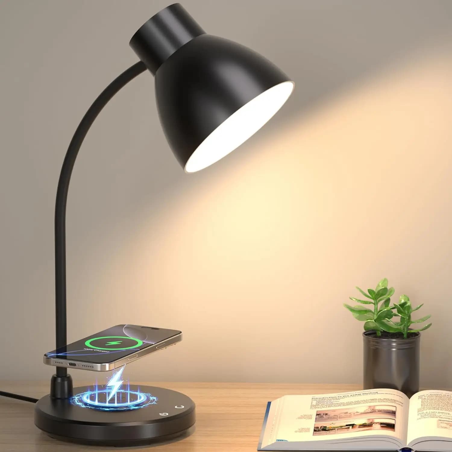 Lampada da Scrivania LED con Caricatore Wireless, 3 Modalità di Colore, Luce Dimmerabile per Casa, Ufficio, Studio e Lettura, Braccio Flessibile, Nera