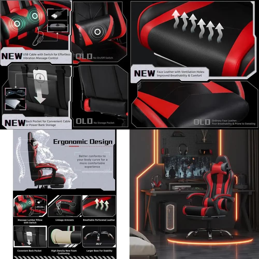 Sedia da Gaming Ergonomica Girevole con Supporto Lombare Massaggiante, Altezza Regolabile e Poggiatesta, Nero/Rosso