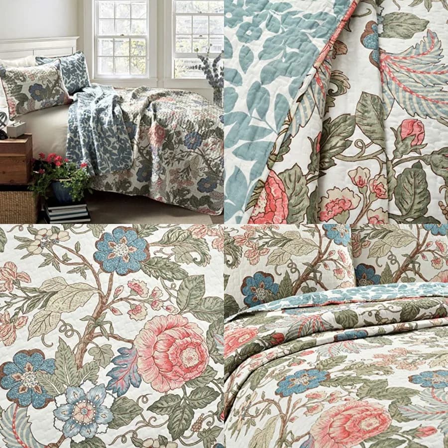 Set Trapuntato Reversibile in Cotone Sydney, Set da 3 Pezzi, Full/Queen, - Set Biancheria da Letto in Cotone - Trapuntato Floreale - Arredamento Cottage - Biancheria da Letto Queen